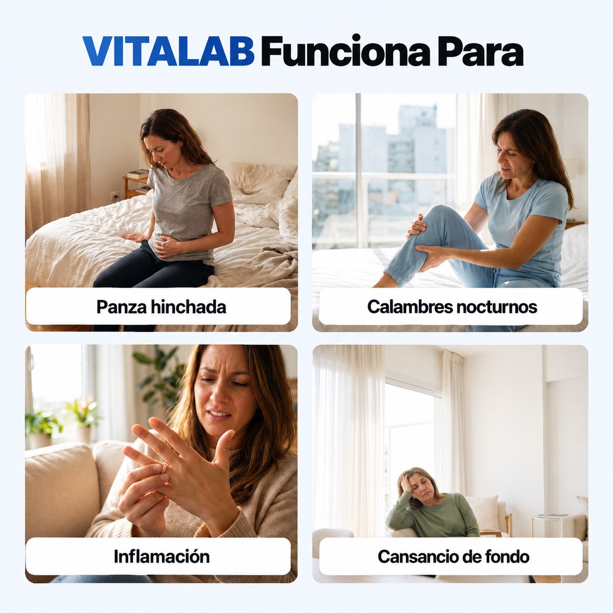 VITALAB funciona para panza hinchada, calambres, inflamación y cansancio